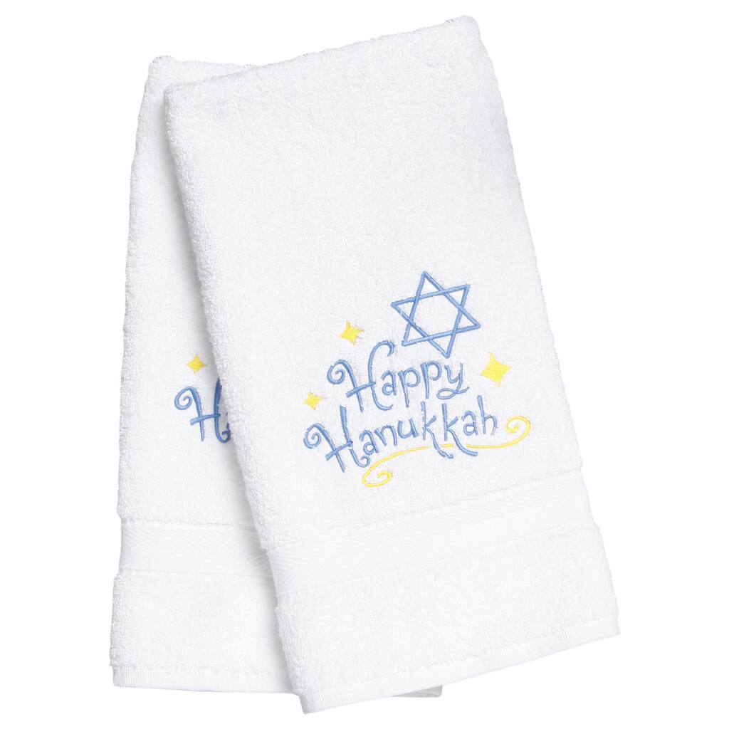 Embroidered Happy Hanukkah Holiday Turkish Cotton Hand Towels (Set of 2)