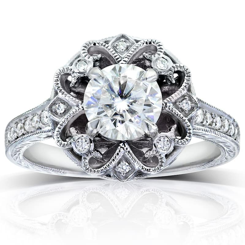Annello by Kobelli 14k Gold 1 1/5ct TGW Moissanite and Diamond Antique-style Floral Engagement Ring - 4 - White