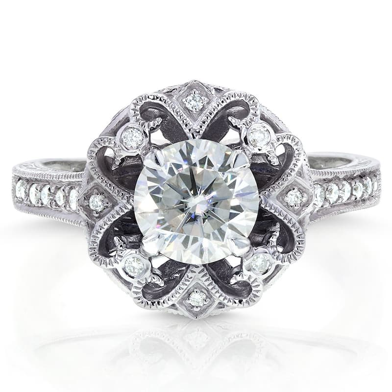 Annello by Kobelli 14k Gold 1 1/5ct TGW Moissanite and Diamond Antique-style Floral Engagement Ring
