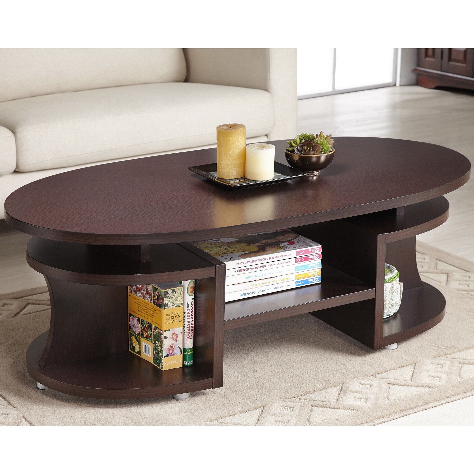bushwick myrtle modern elliptical multi-shelf walnut coffee table bushwick myrtle modern elliptical multi-shelf walnut coffee table