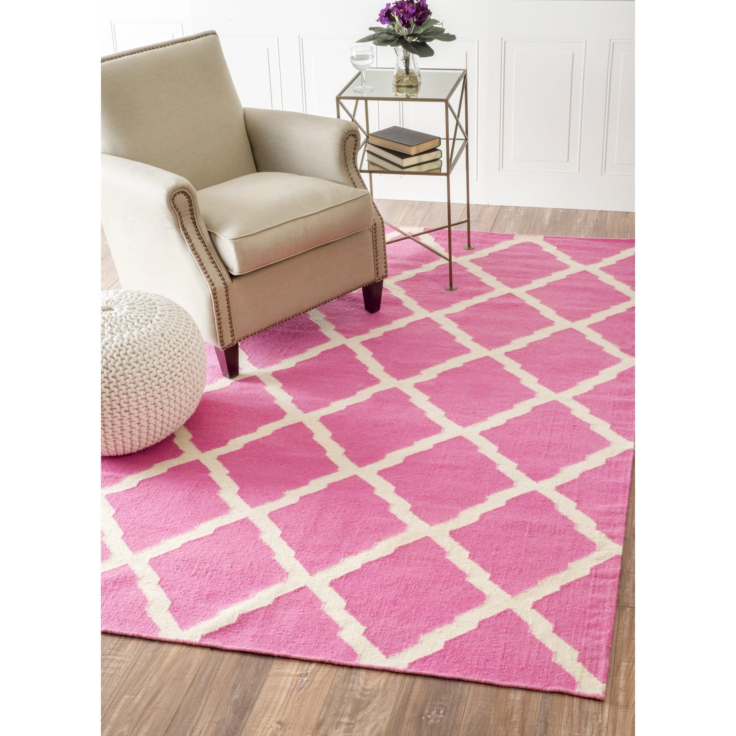 Nuloom Moroccan Trellis Flatweave Kilim Pink Wool Rug (76 X 96)