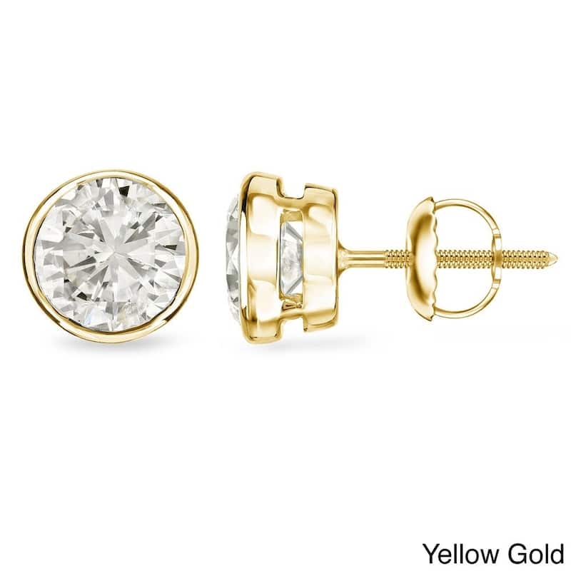 Auriya 2 carat TW Certified Round Bezel Set Diamond Stud Earrings 14k Gold (H-I, SI1-SI2) - H-I, SI1-SI2 - Yellow