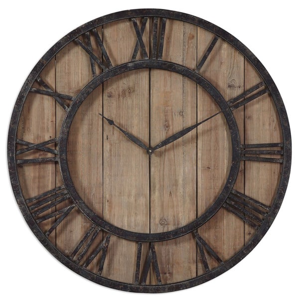slide 1 of 1, Uttermost 'Powell' Aged Wood and Bronze Wall Clock