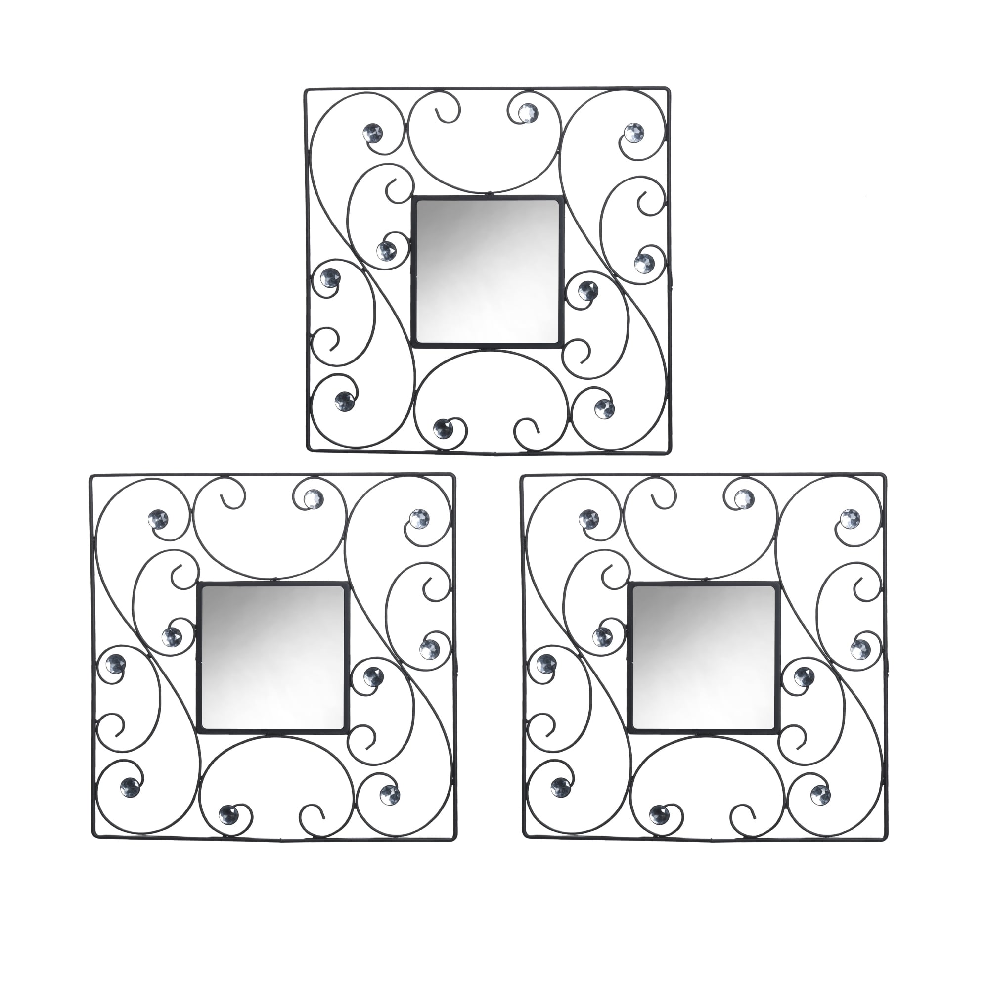 Elements Elements15 inch Black Square Scroll Jeweled Mirror Set (set Of 3) Silver Size Medium