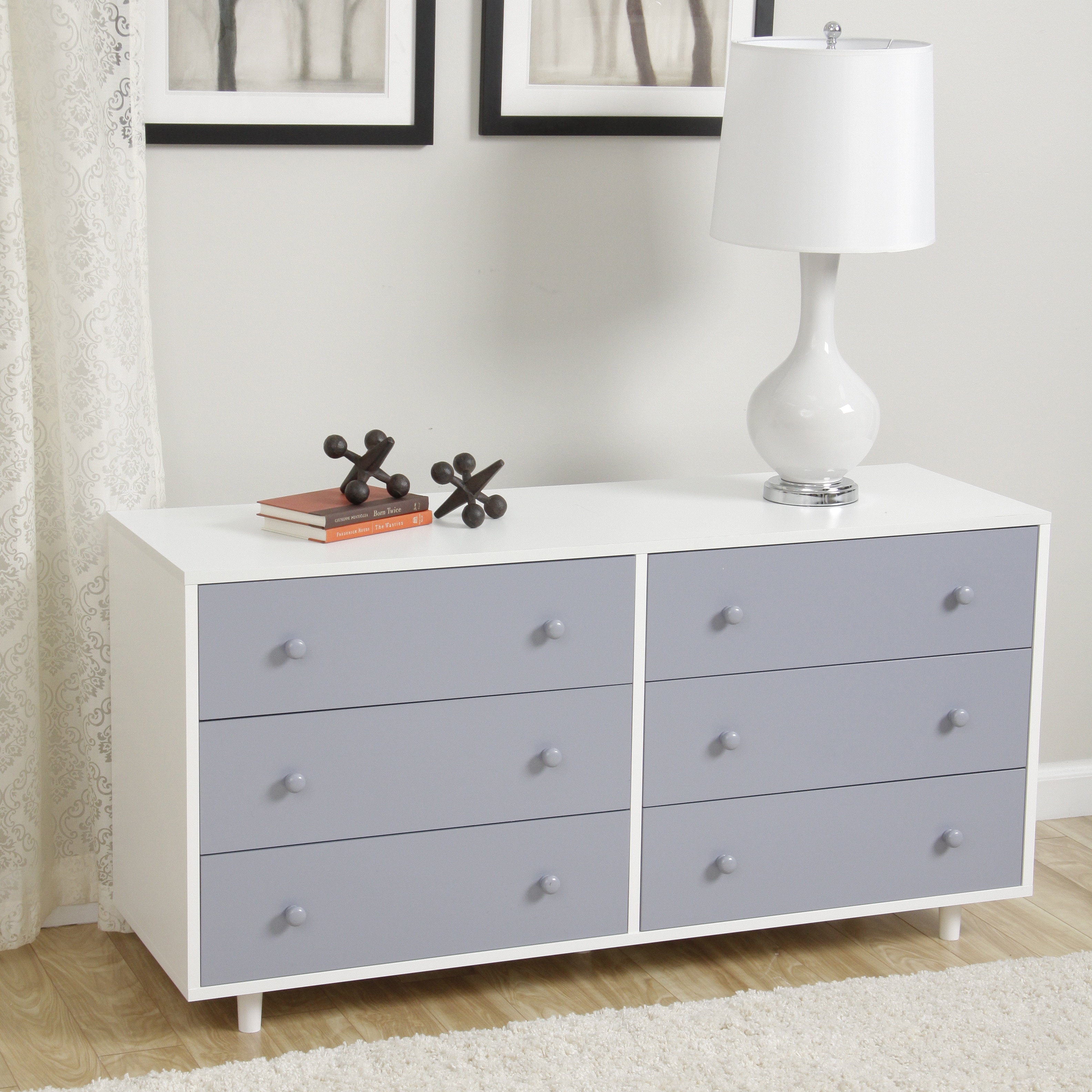 Beckham Grey Dresser (White/greyHardware finish NickelMetal drawer glidesMaterial Laminate and woodSix (6) drawersDimensions 28 inches high x 55 wide x 18 inches deepAssembly required Laminate and woodSix (6) drawersDimensions 28 inches high x 55 wide