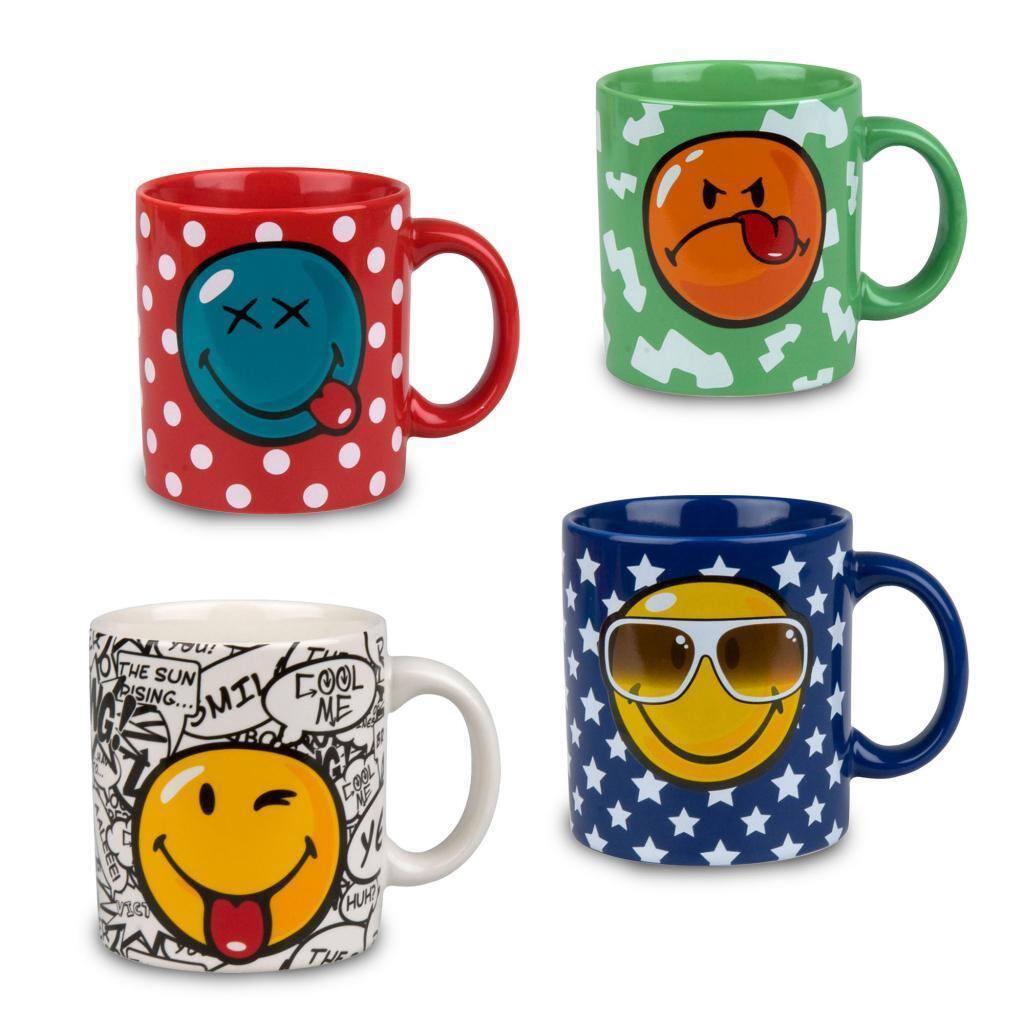 Konitz Multi-color Smiley Face Ceramic Mugs (Set of 4)