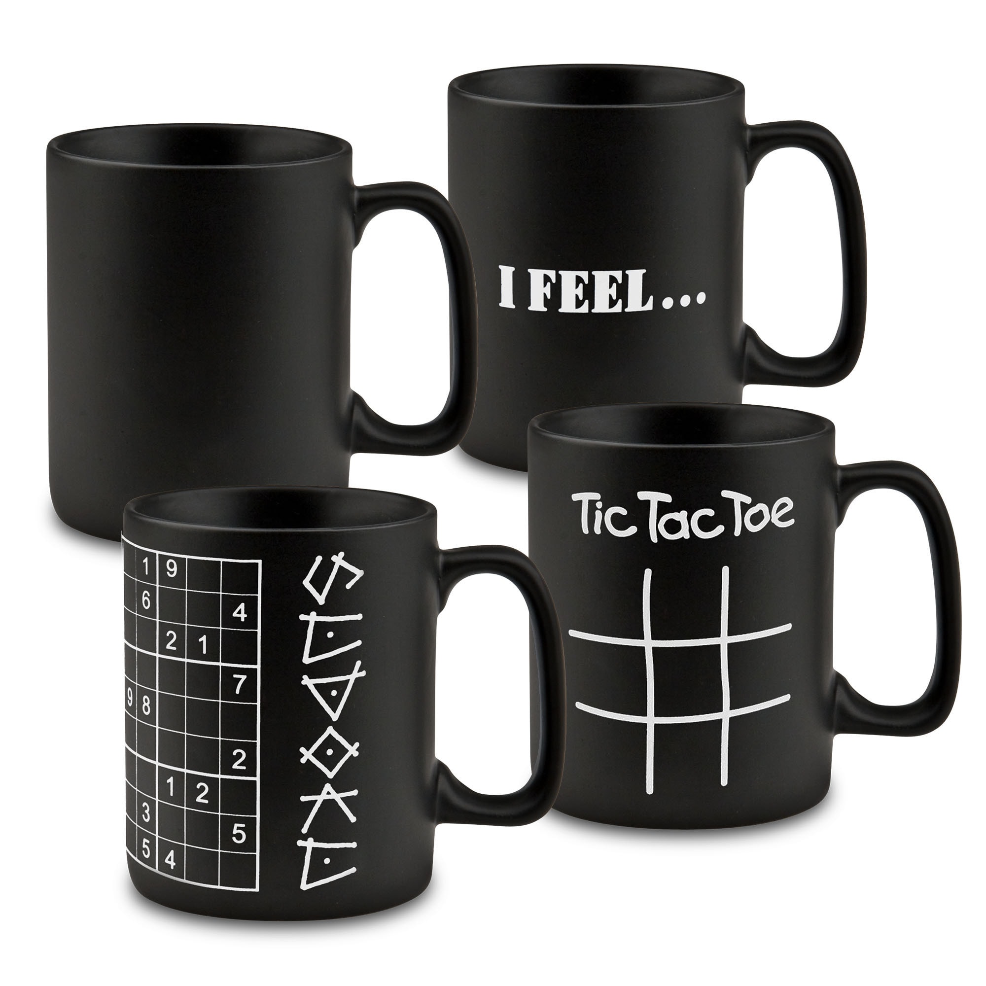 Konitz Chalk Board Mugs  Sudoku, Smiles, Classic, Tic Tac Toe Porcelain Mugs Set Of 4 (Multi colorCare instructions Dishwasher safe, microwave safeDimensions 3x3.75x4 )