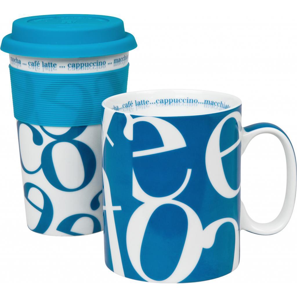 Konitz To Stay/ To Go Blue Script Collage Mugs (set Of 2)