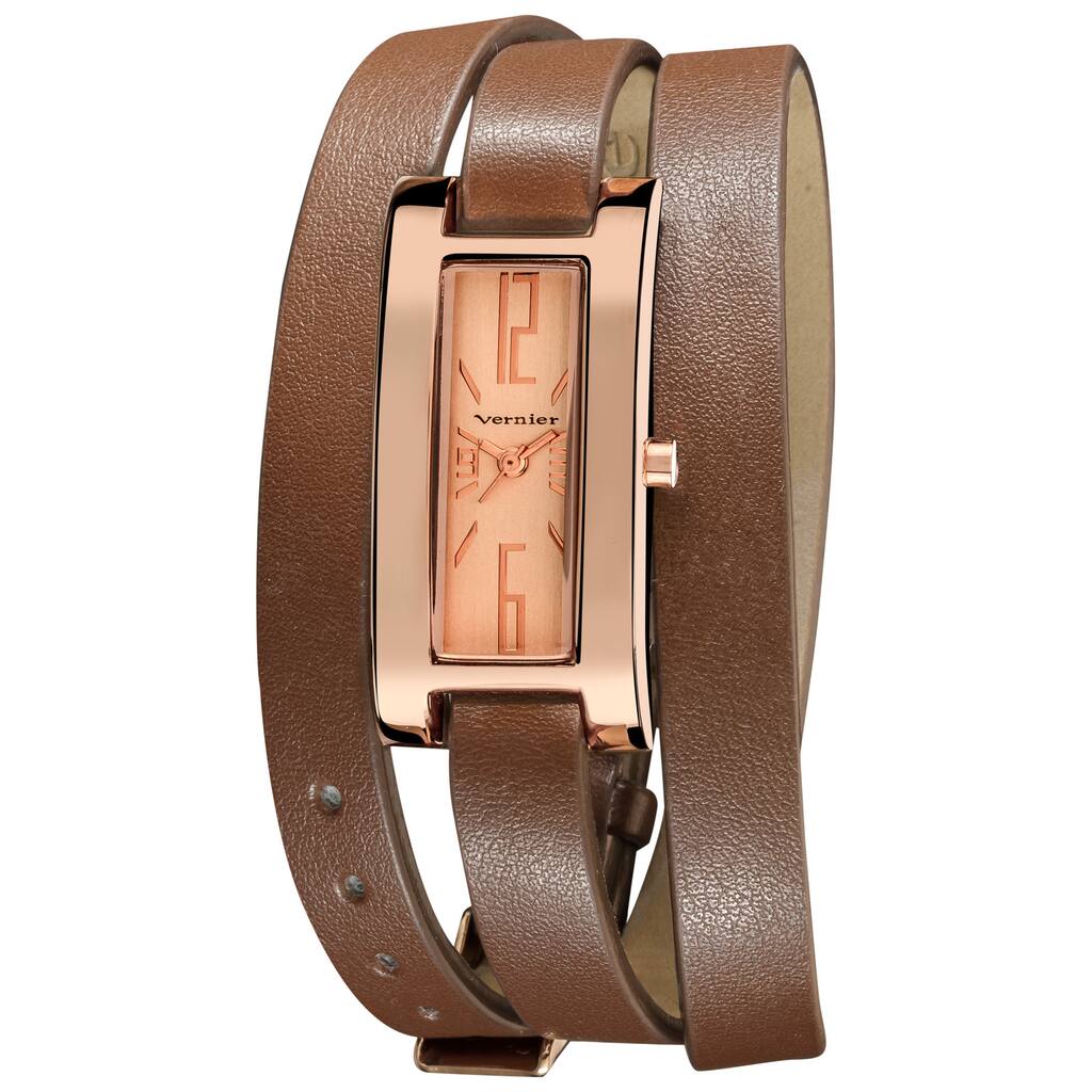 Vernier Women's Rose Gold-Tone Case Brown Triple Wrap Strap Quartz Watch