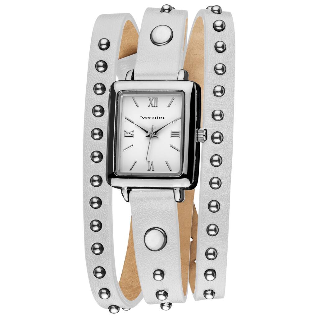 Vernier Women's Fashion Round Studded White Genuine Leather Triple Wrap Watch