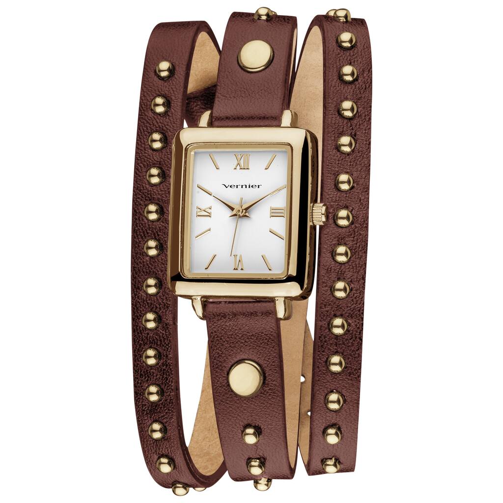 Vernier Women's Goldtone Round Studded Brown Genuine Leather Triple Wrap Watch