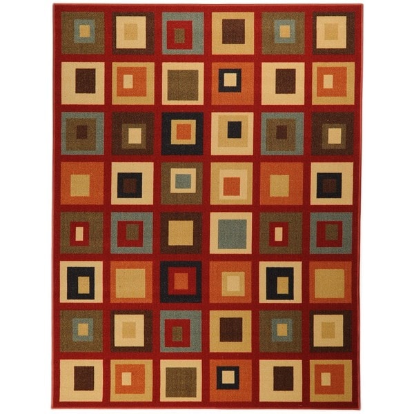 Dark Red Contemporary Boxes Design Non skid Area Rug (3'3 x 5') 3x5   4x6 Rugs