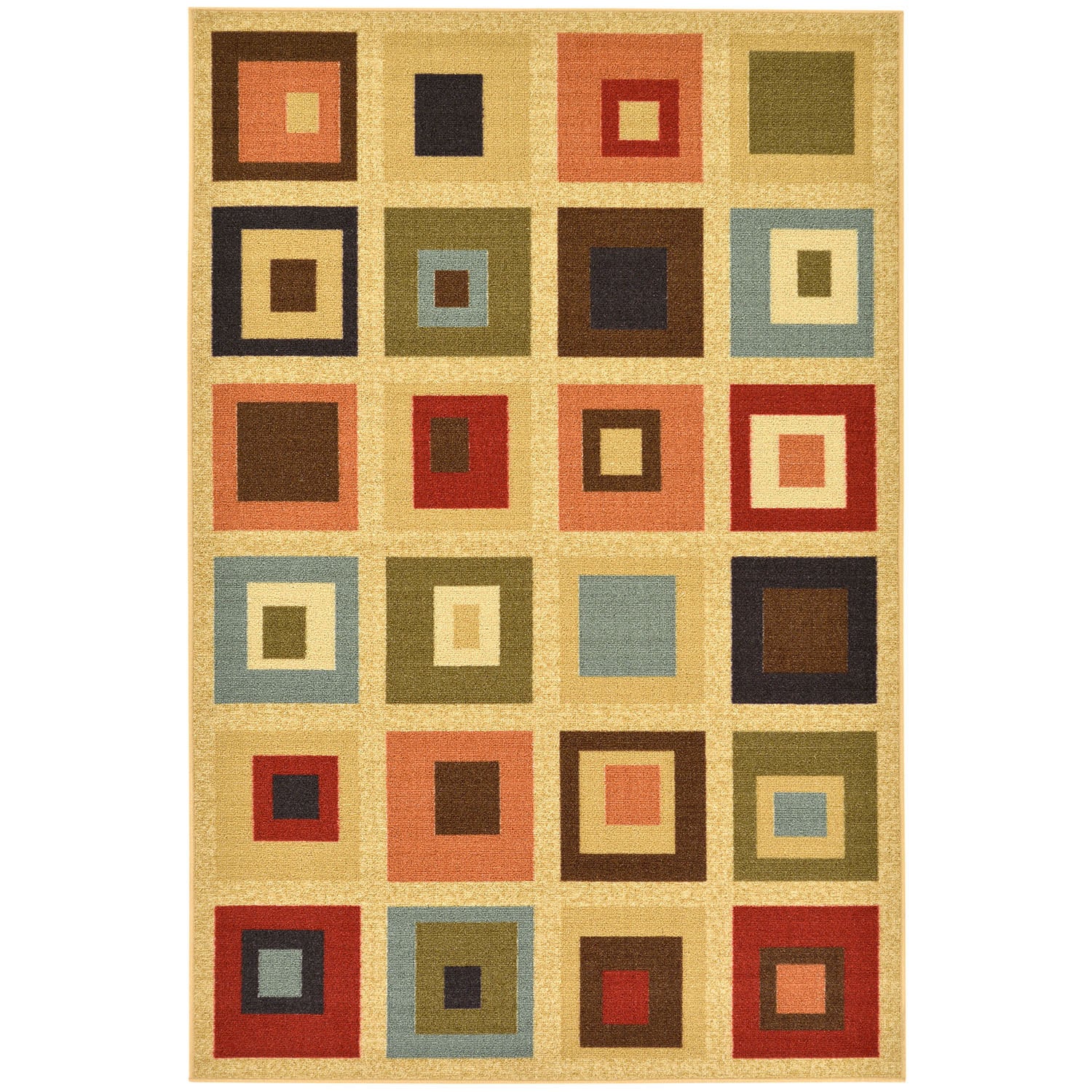 Beige Contemporary Boxes Design Non skid Area Rug (5 X 66)