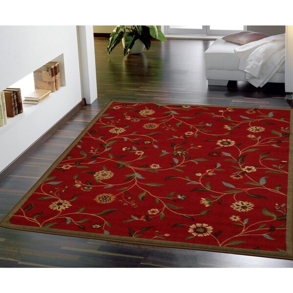 Ottomanson Dark Red Floral Garden Design Non-skid Area Rug (5' x 7') - 5' x 6'6