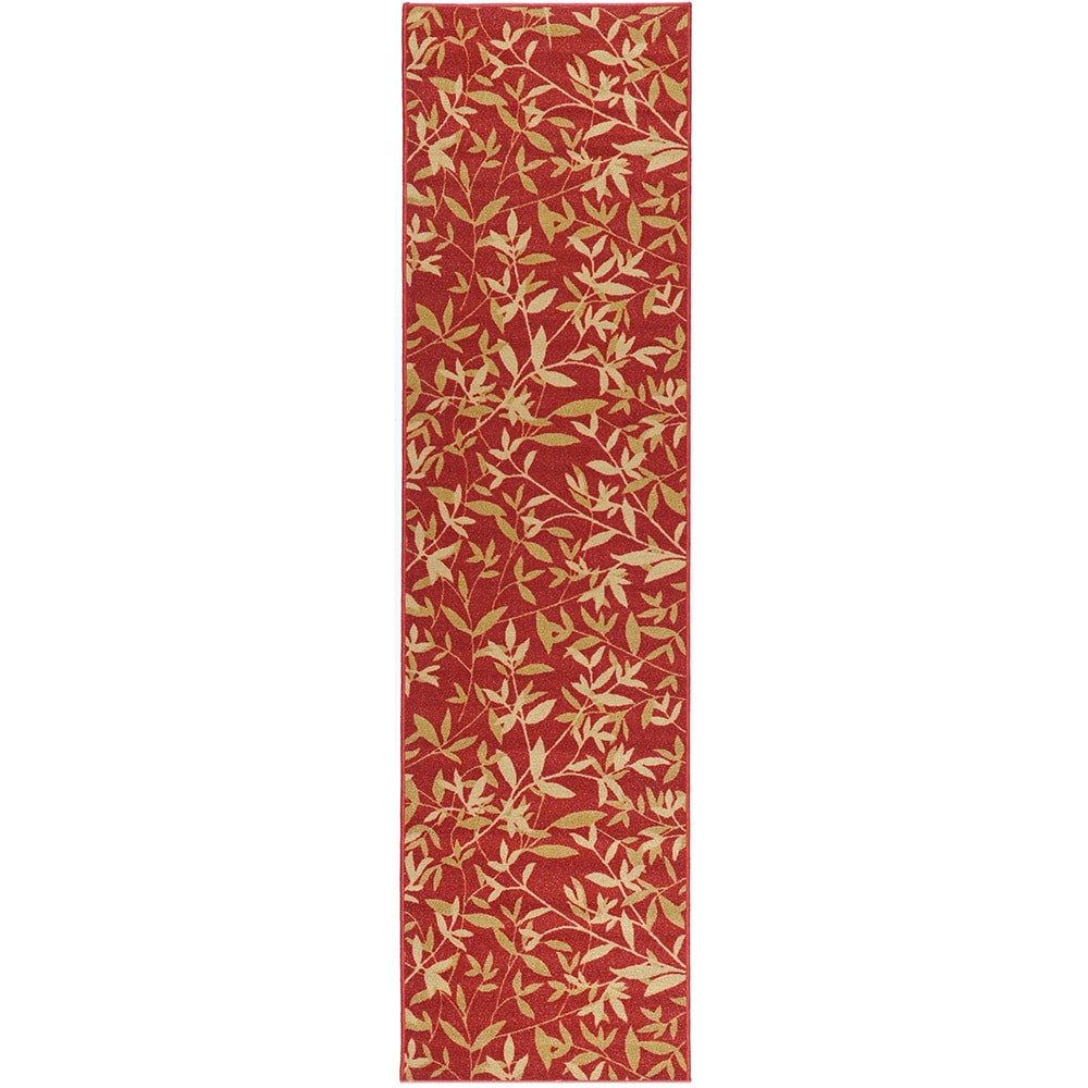 Dark Red Contemporary Leaves Design Non skid Runner Rug (110 X 7)