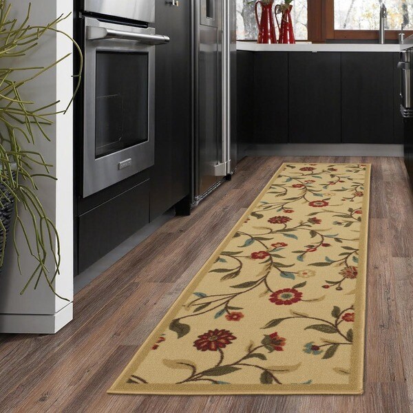 Ottomanson Ottohome Collection Beige Floral Garden Design Modern Area Rug with Non-slip Rubber Backing - 1'10 x 7'