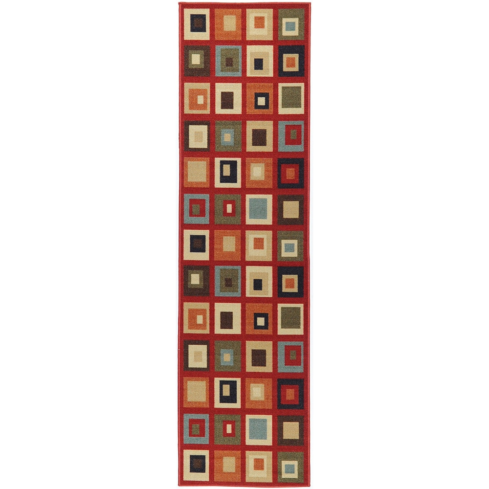 Contemporary Dark Red Boxes Design Non skid Runner Rug (18 X 411)