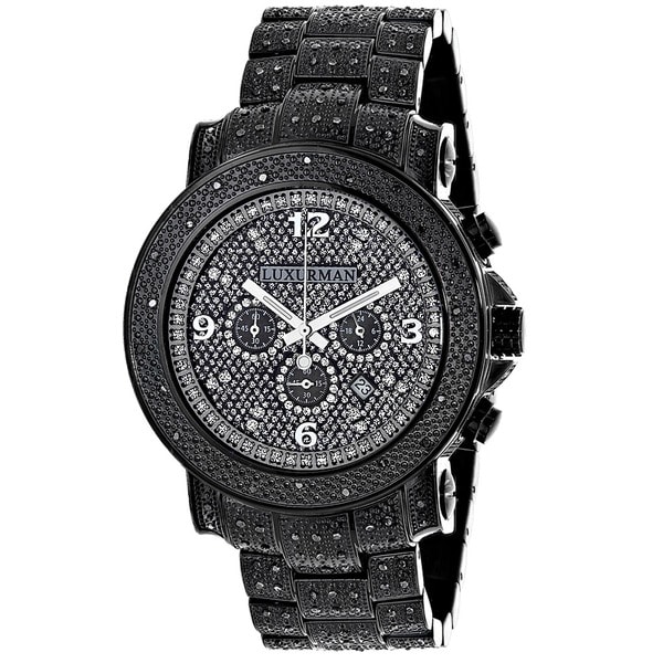 Luxurman Mens 2ct Pave Set Black Diamond Watch Metal Band plus Extra