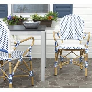 slide 1 of 1, Safavieh Rural Woven Dining Hooper Blue/ White Indoor Outdoor Arm Chairs (Set of 2)