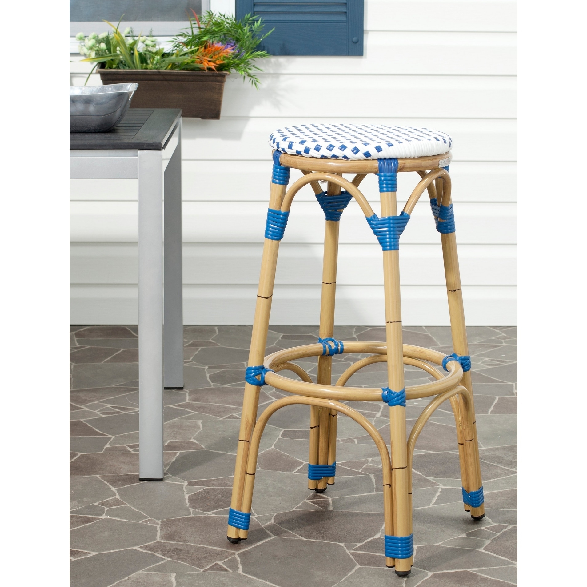 Kipnuk Blue/ White Indoor Outdoor Stool (Blue/ whiteIncludes One (1) stoolMaterials PE wicker and aluminum30 inchesDimensions 30 inches high x 20.5 inches wide x 20.5 inches deepWeight capacity 250 poundsThis product will ship to you in 1 box.Furnitur