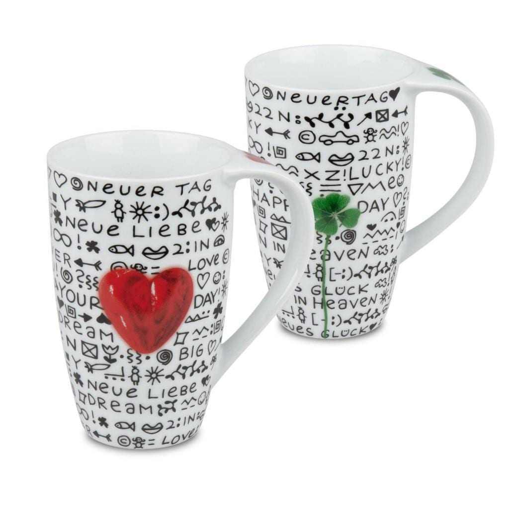 Konitz Mugs 2 X New Day New Luck/2 X New Day New Love Artistic White Mugs (set Of 4)