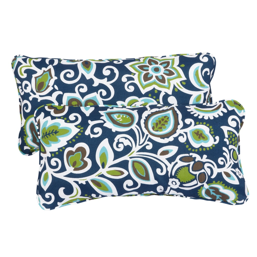 Sorra Home Floral Navy Corded 12 x 24 Inch Indoor/ Outdoor Lumbar Pillows (Set of 2)