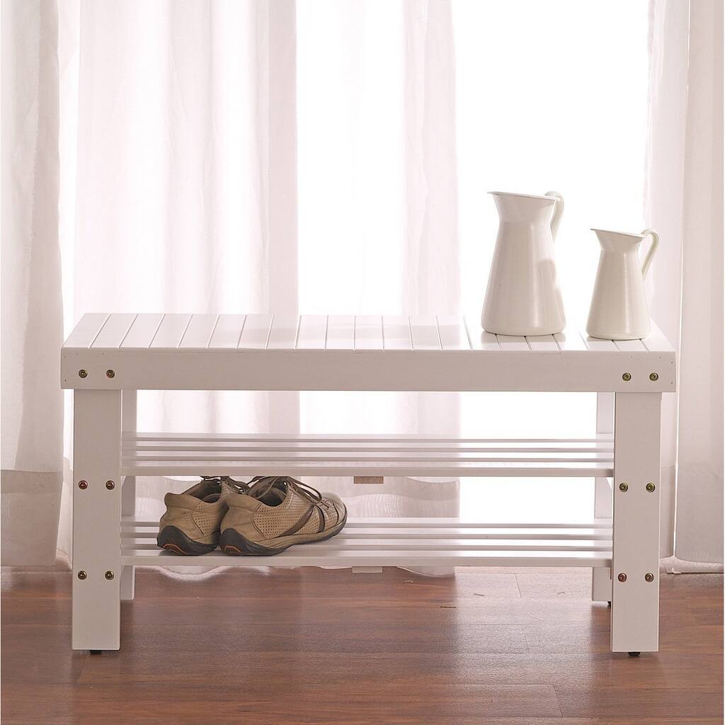 White Solid Wood Storage Shoe Bench and Shelf