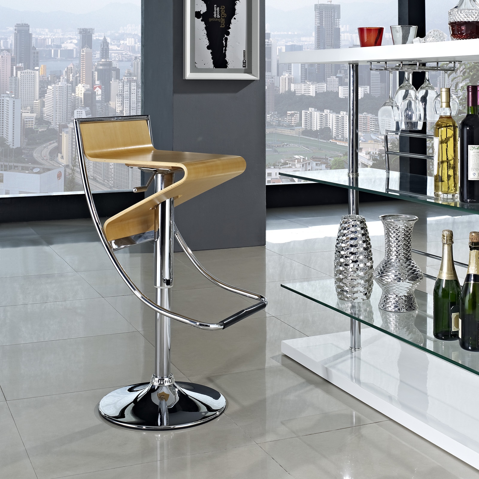 Zig Zag Adjustable Height Natural Bar Stool