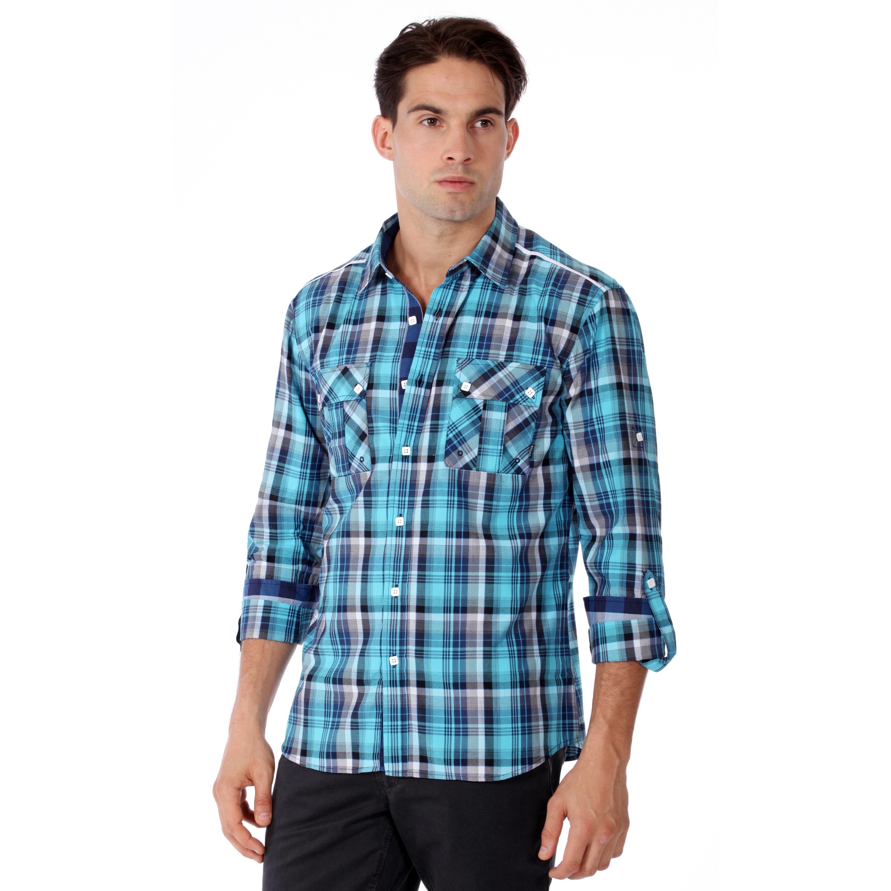 191 Unlimited Mens Slim Fit Blue Plaid Woven Shirt