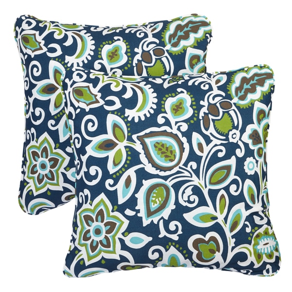 Floral Navy Corded 12 x 24 Inch Indoor/ Outdoor Lumbar Pillows (Set of