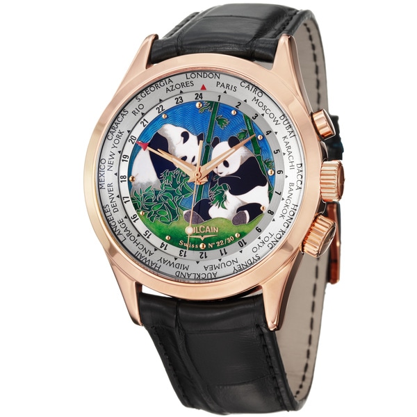 Shop Vulcain Mens Aviator The Pandas Dial Rose Gold Black Strap