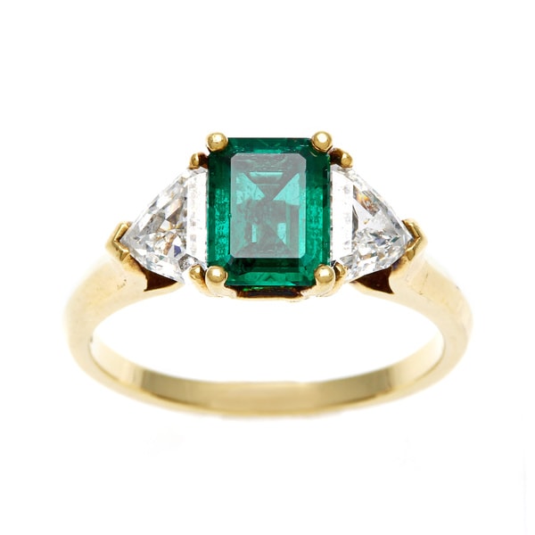 18K Yellow Gold 1ct TDW Emerald Three Stone Estate Ring (G H, VS1 VS2) Estate and Vintage Rings