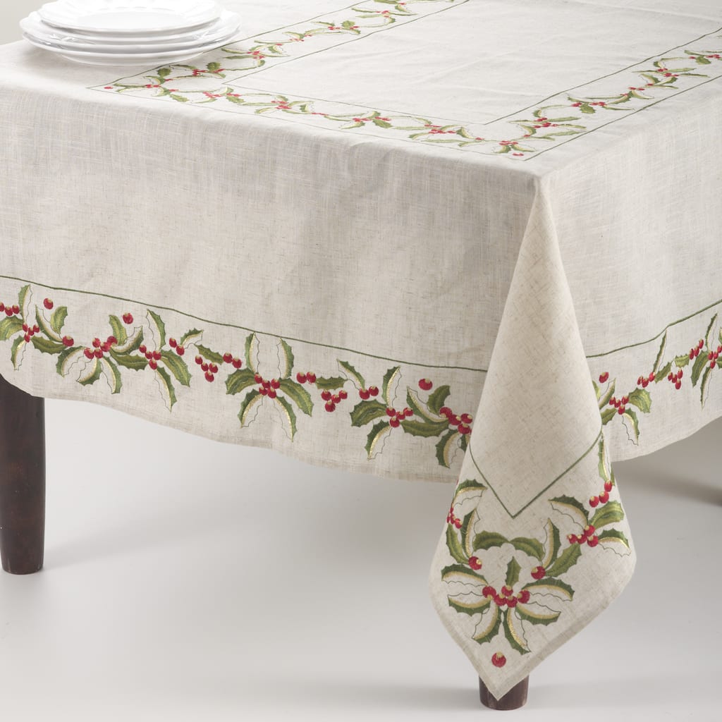 Embroidered Holly Design Linen Blend Tablecloth