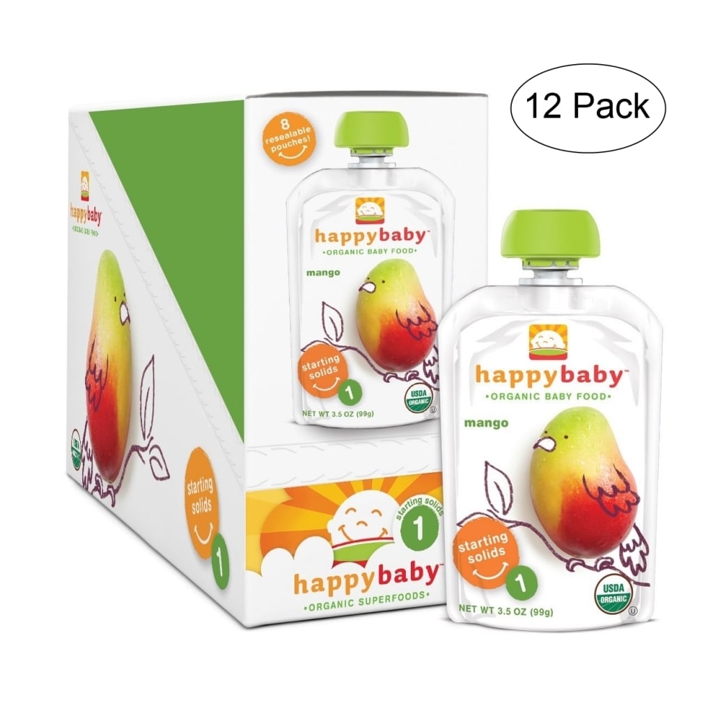 Happy Baby Mango Food Stage 1 Pouch (12 Pack) (White pouch with green lidDimensions 6.5 inches high x 4.6 inches wide x 6.9 inches longSize 3.5 oz. each packFlavor MangoIncludes Twelve (12) packsSafety Do not microwave or boil pouch. Caps present cho