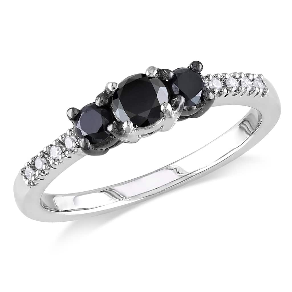 Miadora Sterling Silver Black and White Diamond 3-stone Promise Ring