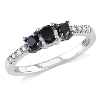 Miadora Sterling Silver Black and White Diamond 3-stone Promise Ring