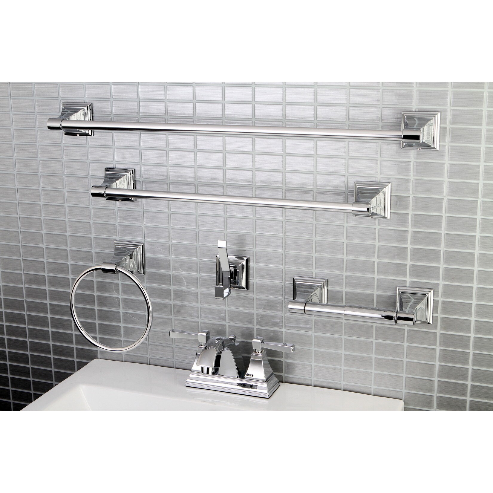 Modern Square Chrome Metal Faucet Towel Rack Bathroom Faucet and Bathroom Accessory Set