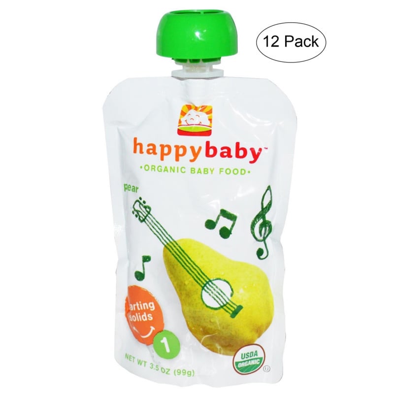 Happy Baby Stage 1 Pear Food Pouch Pear (pack Of 12) (White pouch with light green lidDimensions 6.5 inches high x 4.6 inches wide x 6.9 inches longWeight 3.5 oz. each packFlavor PearNo. of Packs Twelve (12)Safety Do not microwave or boil pouch. Caps