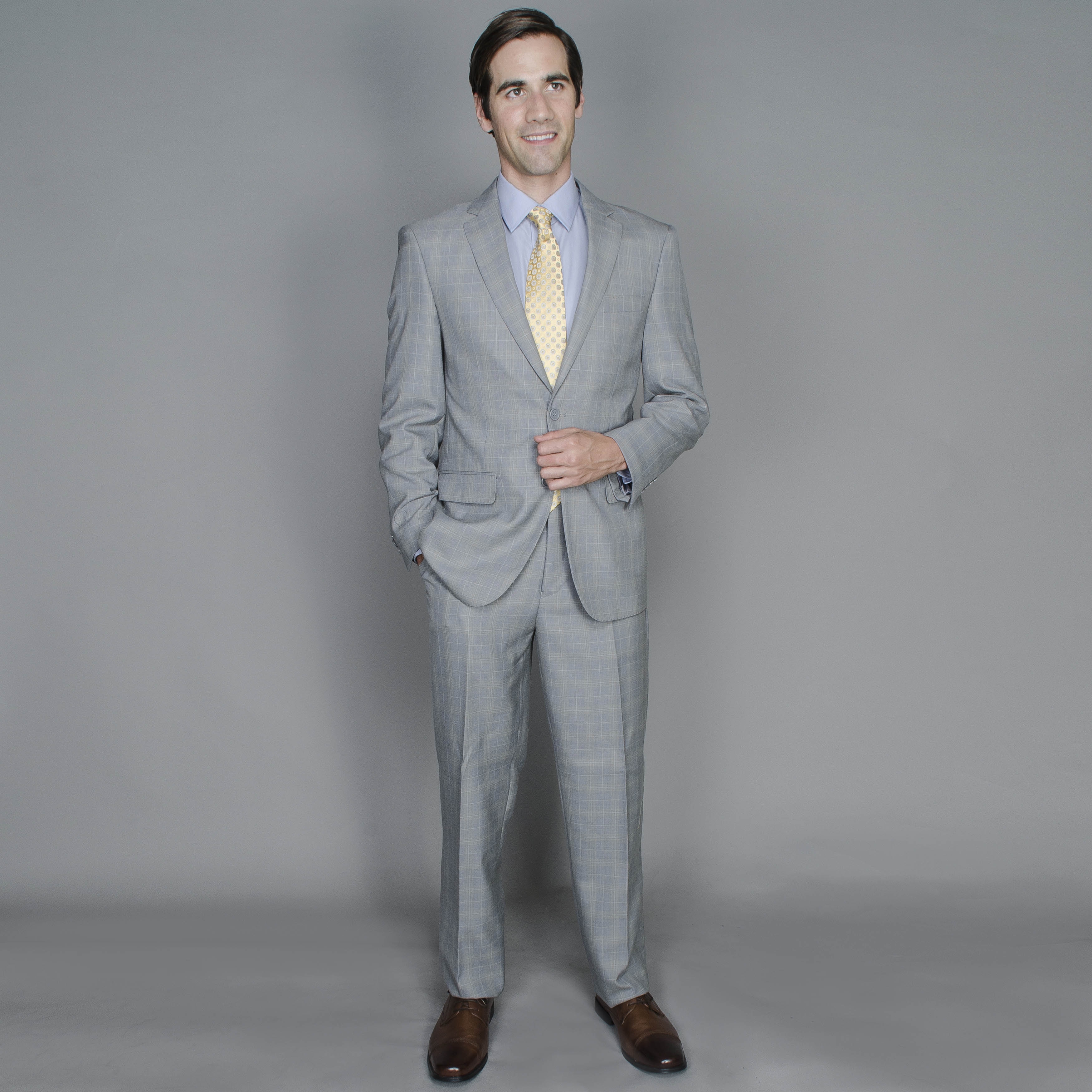 Mens Grey Windowpane Two button Suit With Four Interior Pockets