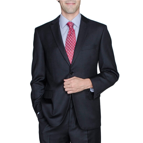 Shop Solid Black 2Button Wool and Silk Blend Suit On Sale Free