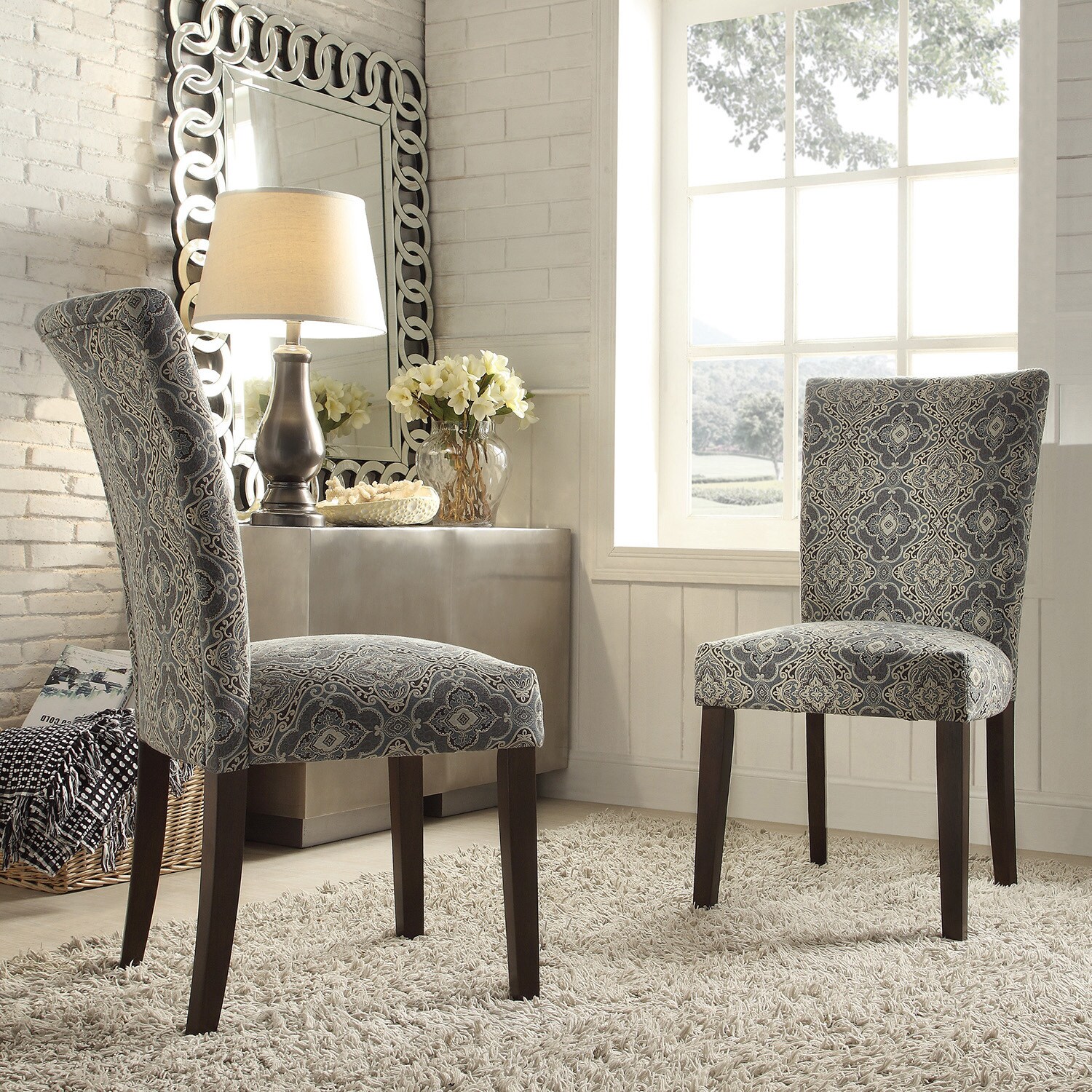 INSPIRE Q Catherine Blue Damask Parsons Dining Chair (Set of