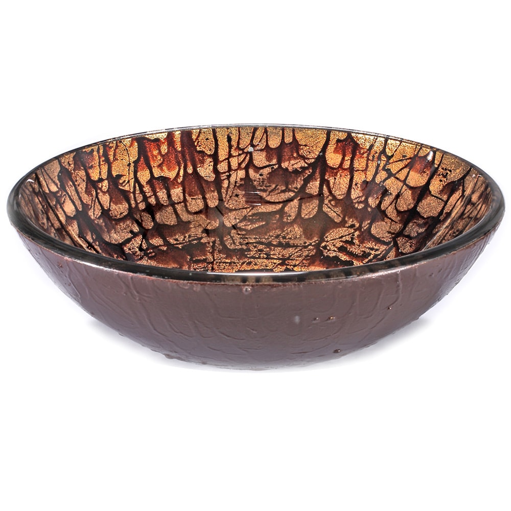 Brown/ Tan Splatter Glass Sink Bowl (Brown/tanDimensions 5.75 inches high x 17.72 inch diameterFaucet setting Vessel fillerGlass thickness 0.5 inchesMaterial Tempered glassPop up drain included YesDrain hole diameter 1.75 inchesDrain Finish ChromeT