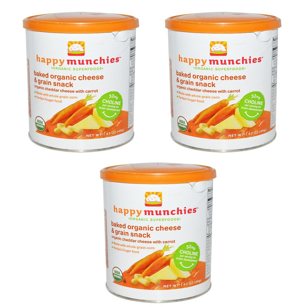 Happy Baby Baked Organic Cheese and Grain Snack (pack Of 3) (White container with orange lidDimensions 7 inches high x 3.5 inches wide x 3.5 inches longAmount 1.63 oz. (each canister)Flavor Cheddar cheese, carrotsIncludes Three (3) canistersSafety It