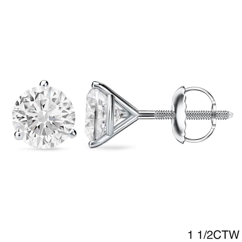 Auriya 1 to 2 carat TW 3-Prong Martini Round Solitaire Diamond Stud Earrings 18K Gold GIA Certified (H-I, SI1-SI2)