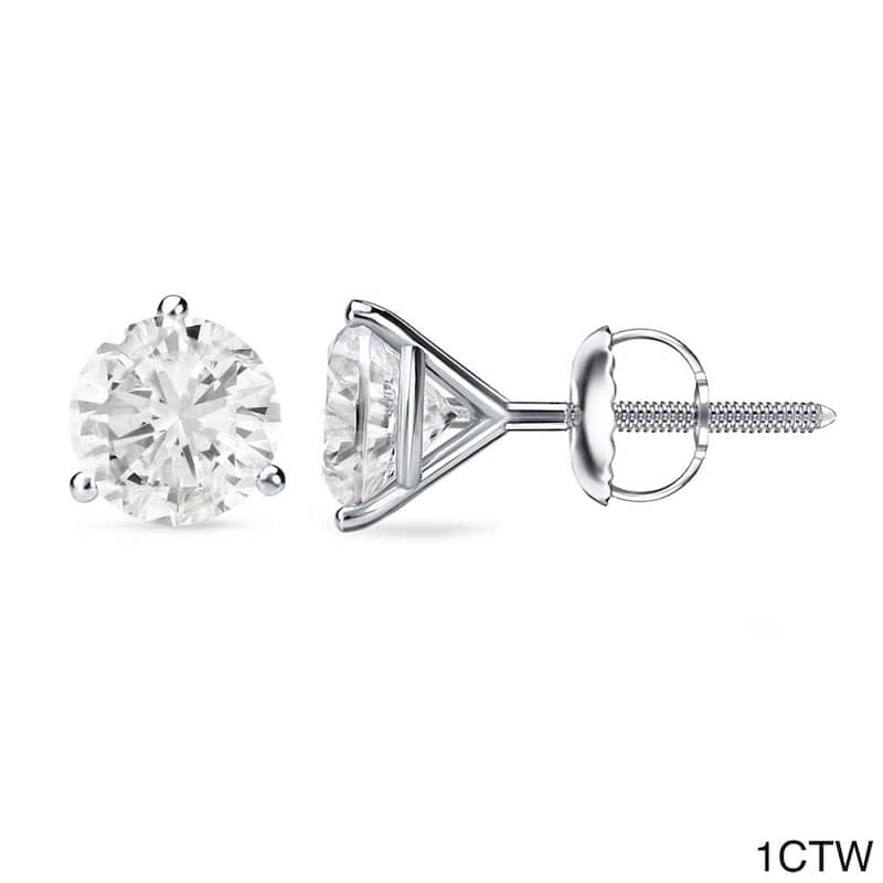 Auriya 1 to 2 carat TW 3-Prong Martini Round Solitaire Diamond Stud Earrings 18K Gold GIA Certified (H-I, SI1-SI2) - 1.00ct - White
