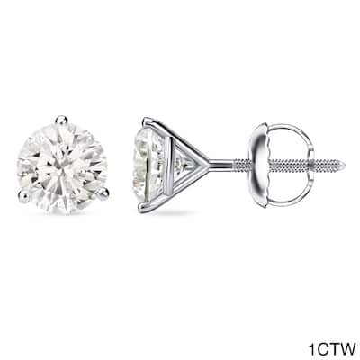 Auriya 1 to 2ct TW Round Diamond Stud Earrings 18k Gold 3-Prong Martini Certified (J-K, I1-I2)