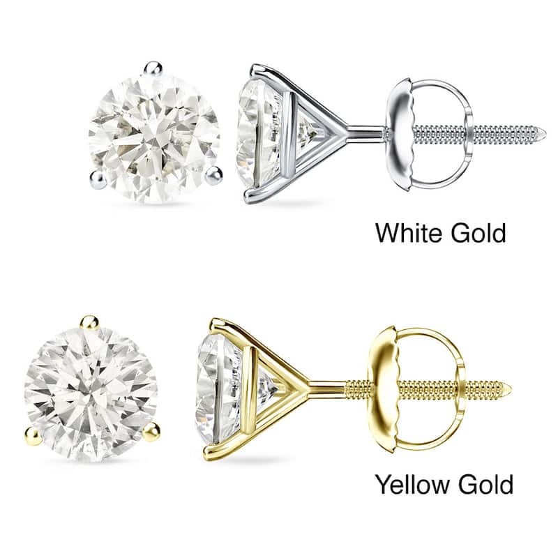 Auriya 1 to 2ct TW Round Diamond Stud Earrings 18k Gold 3-Prong Martini Certified (J-K, I1-I2) - 1.00ct - White