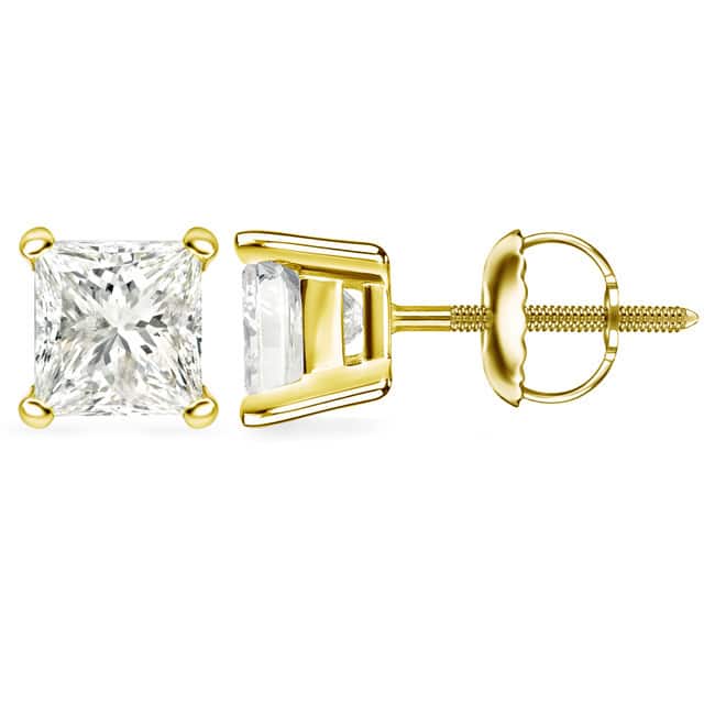 Auriya 3ctw Princess-cut Diamond Stud Earrings 14k Gold Certified (H-I, SI2-I1) - Yellow Gold-Screw Back