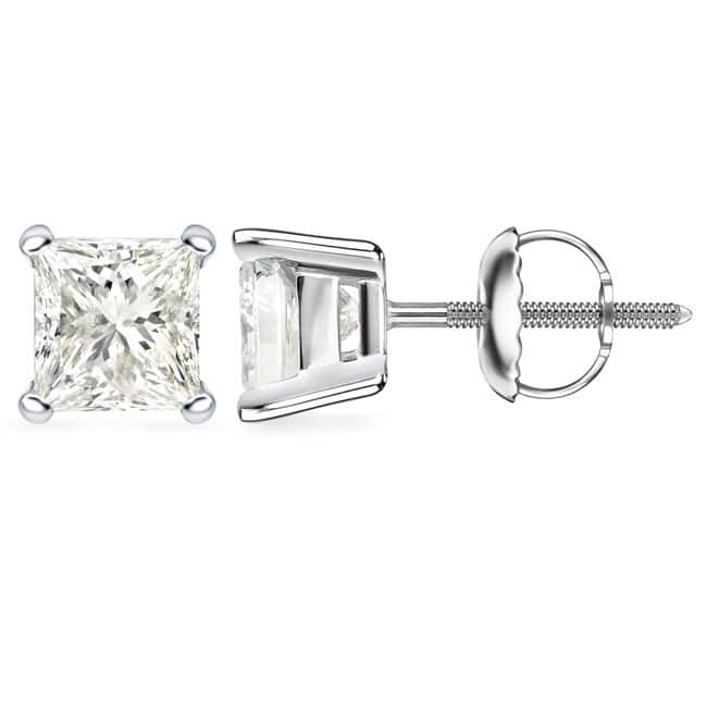 Auriya 3ctw Princess-cut Diamond Stud Earrings 14k Gold Certified (H-I, SI2-I1) - White Gold-Screw Back