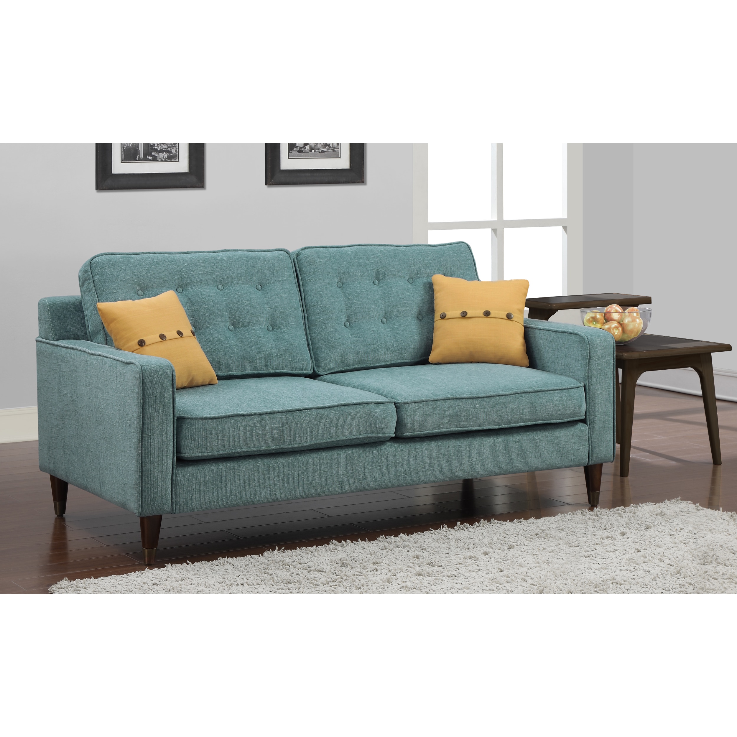 Jackie Aqua Sofa With French Yellow Button Pillow